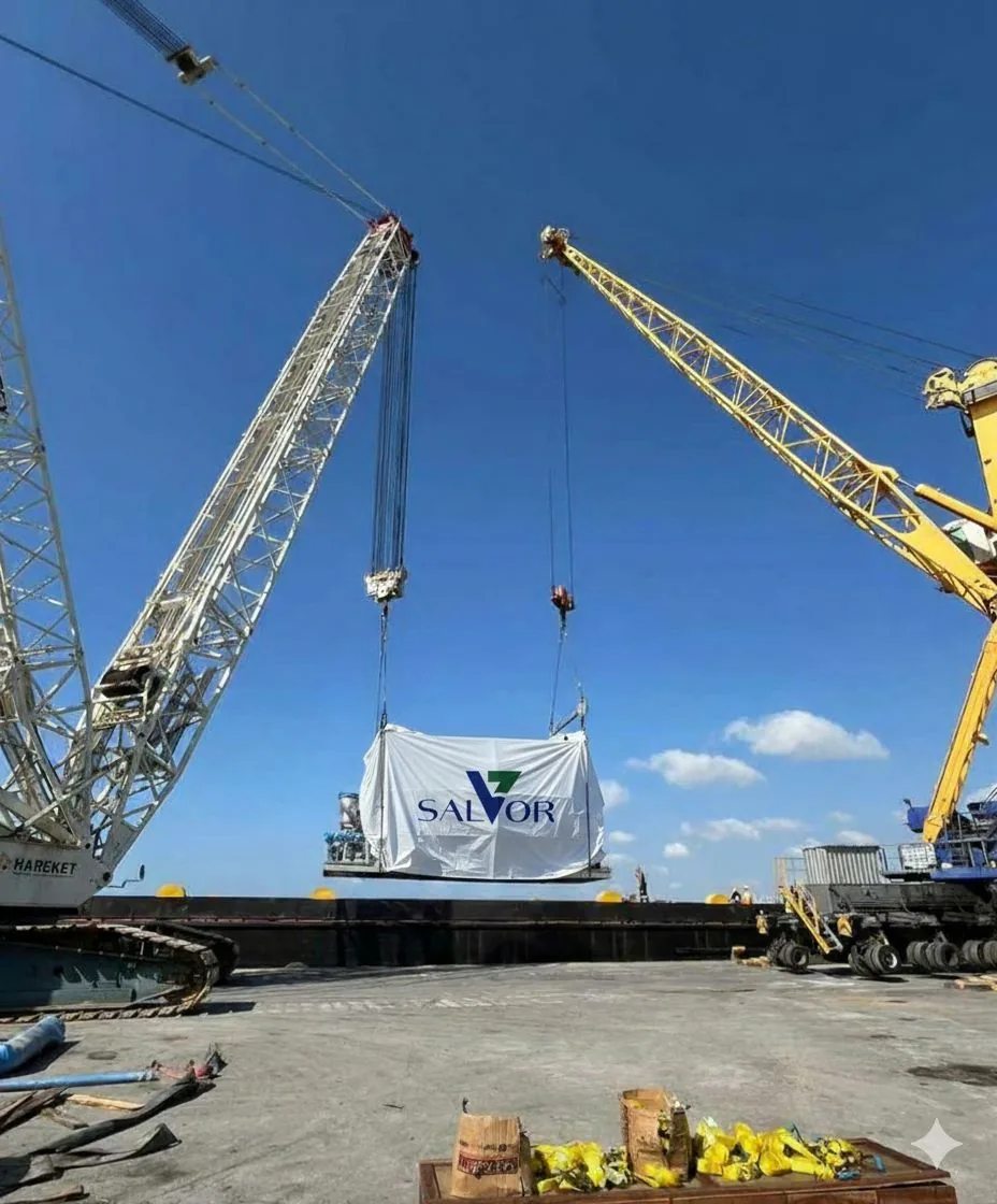 Salvor-branded project cargo lifted by heavy cranes onto a barge