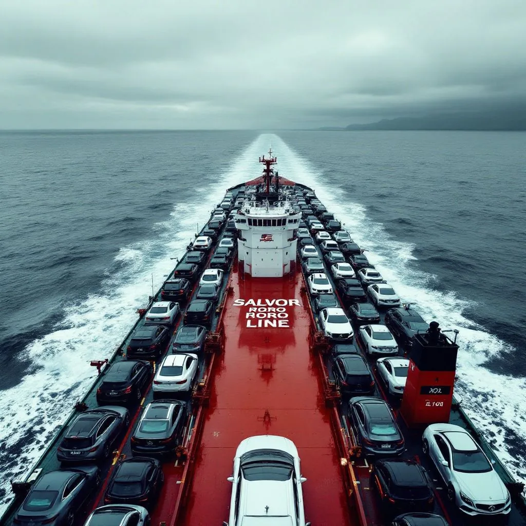 Vehicles secured on the deck of a Salvor RO-RO vessel at sea